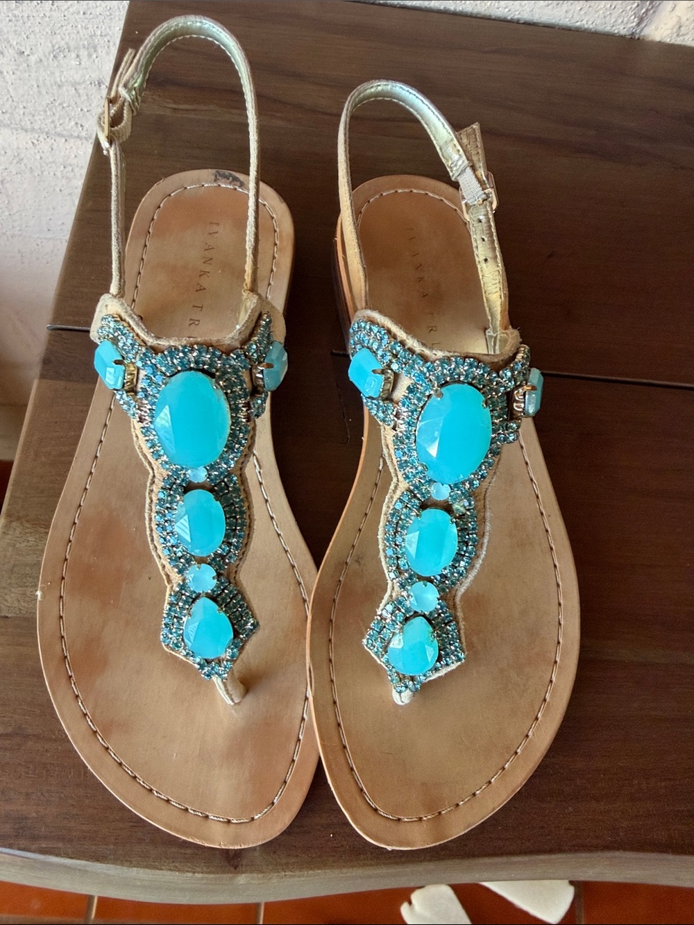 Ivanka Trump Tan Slingback Sandals with Turquoise Stones